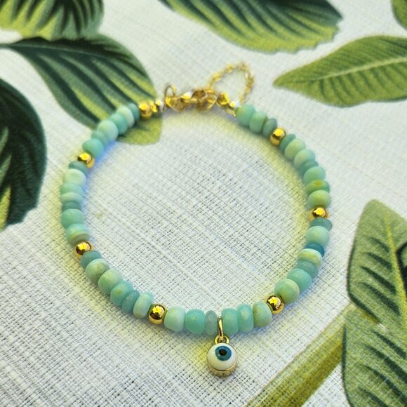 Petite Chalcedony Stone and 14K Gold Filled Bead Bracelet with Charm - Picture 4 of 5